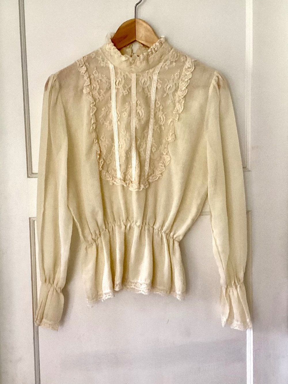Vtg Victorian Handmade Blouse Lace Bust Peplum Hem Bell Sleeves Cream Sheer S/M